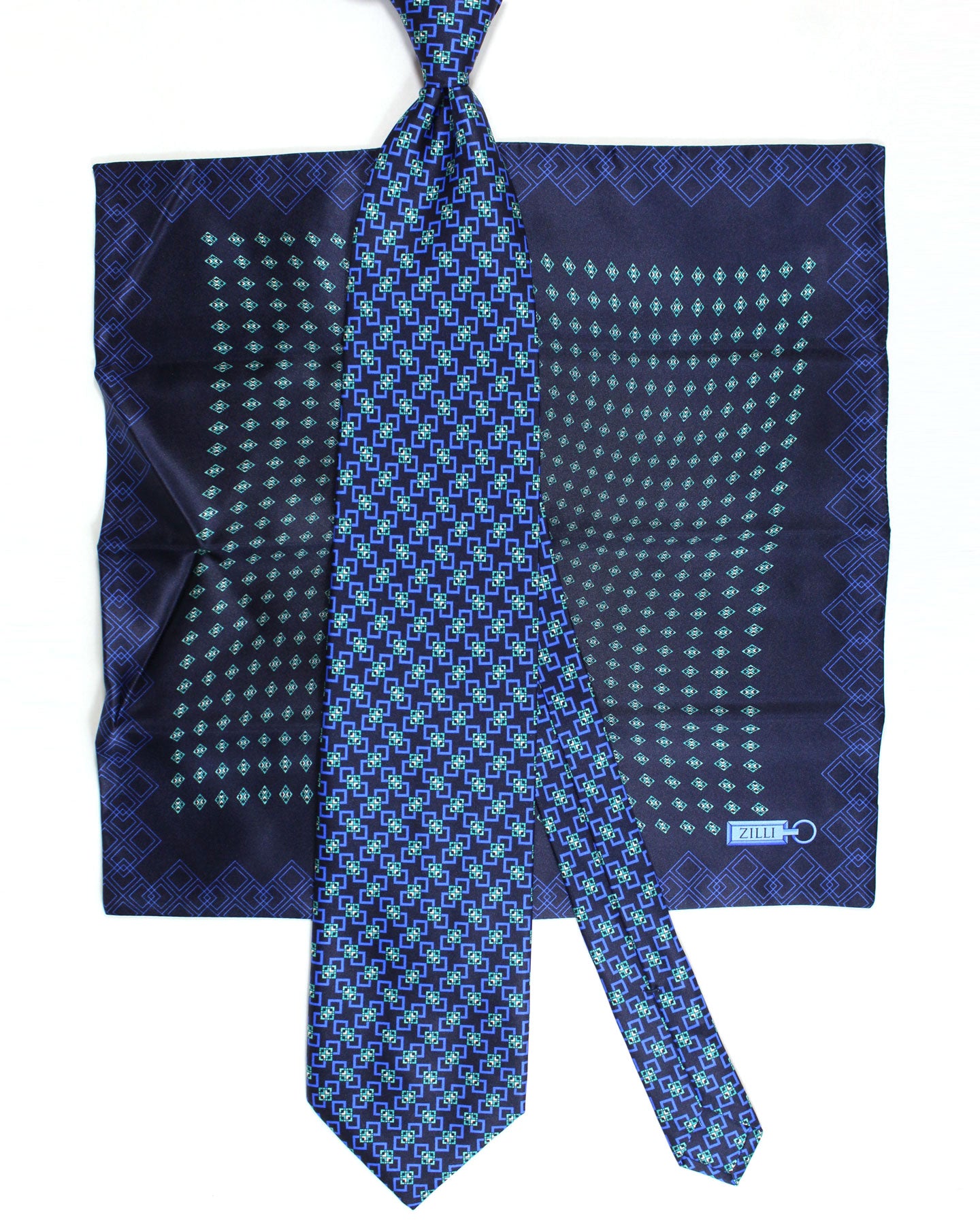 Zilli Tie & Matching Pocket Square Set Navy Blue Green Geometric Design
