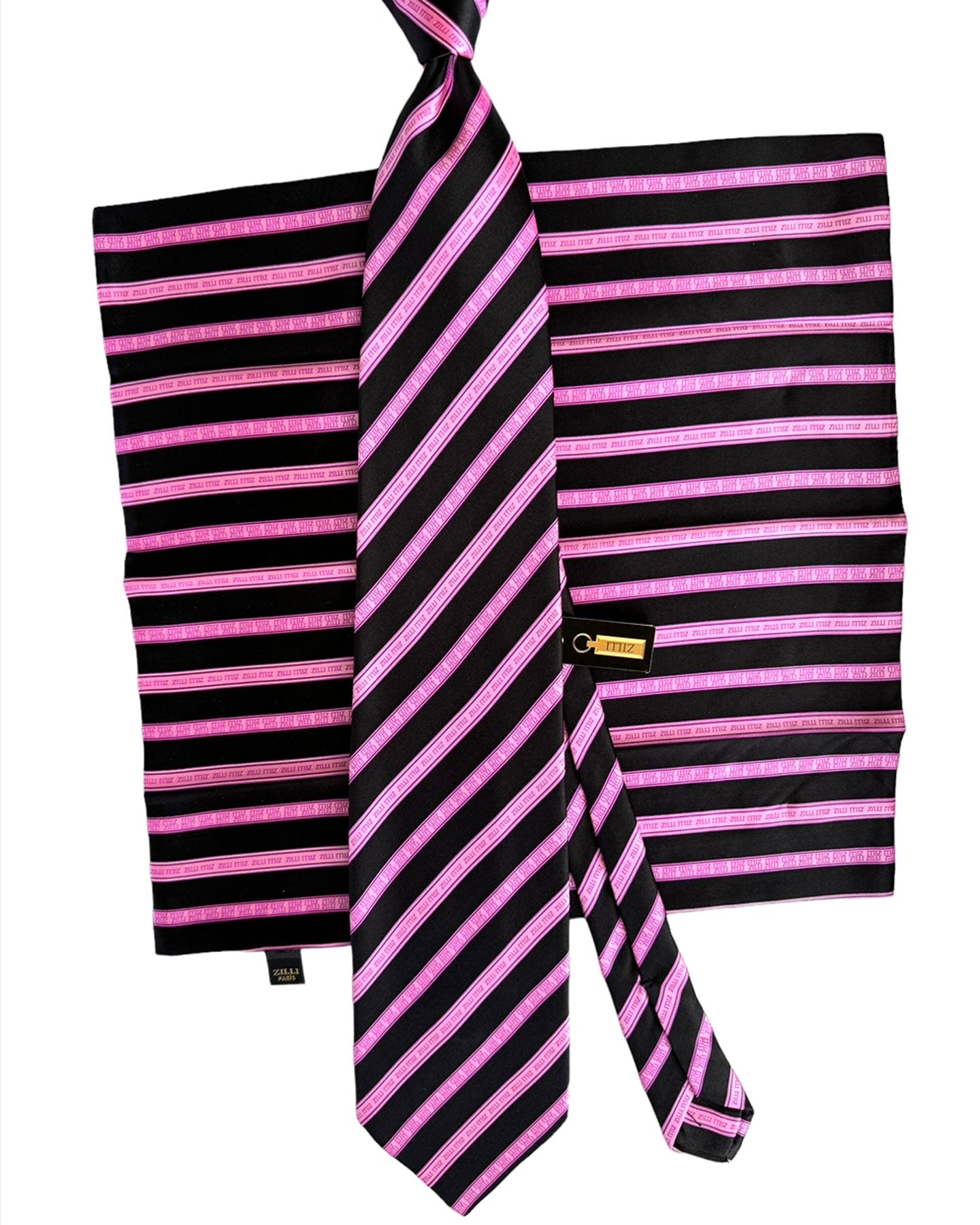 Zilli Tie & Pocket Square Set Black Pink Logo Stripes Design