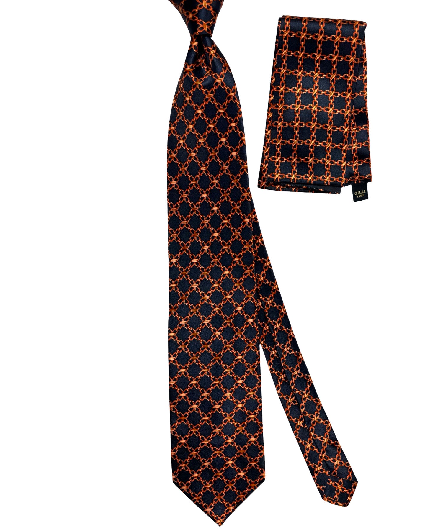 Zilli Tie & Matching Pocket Square Set Black Rust Brown Swirl