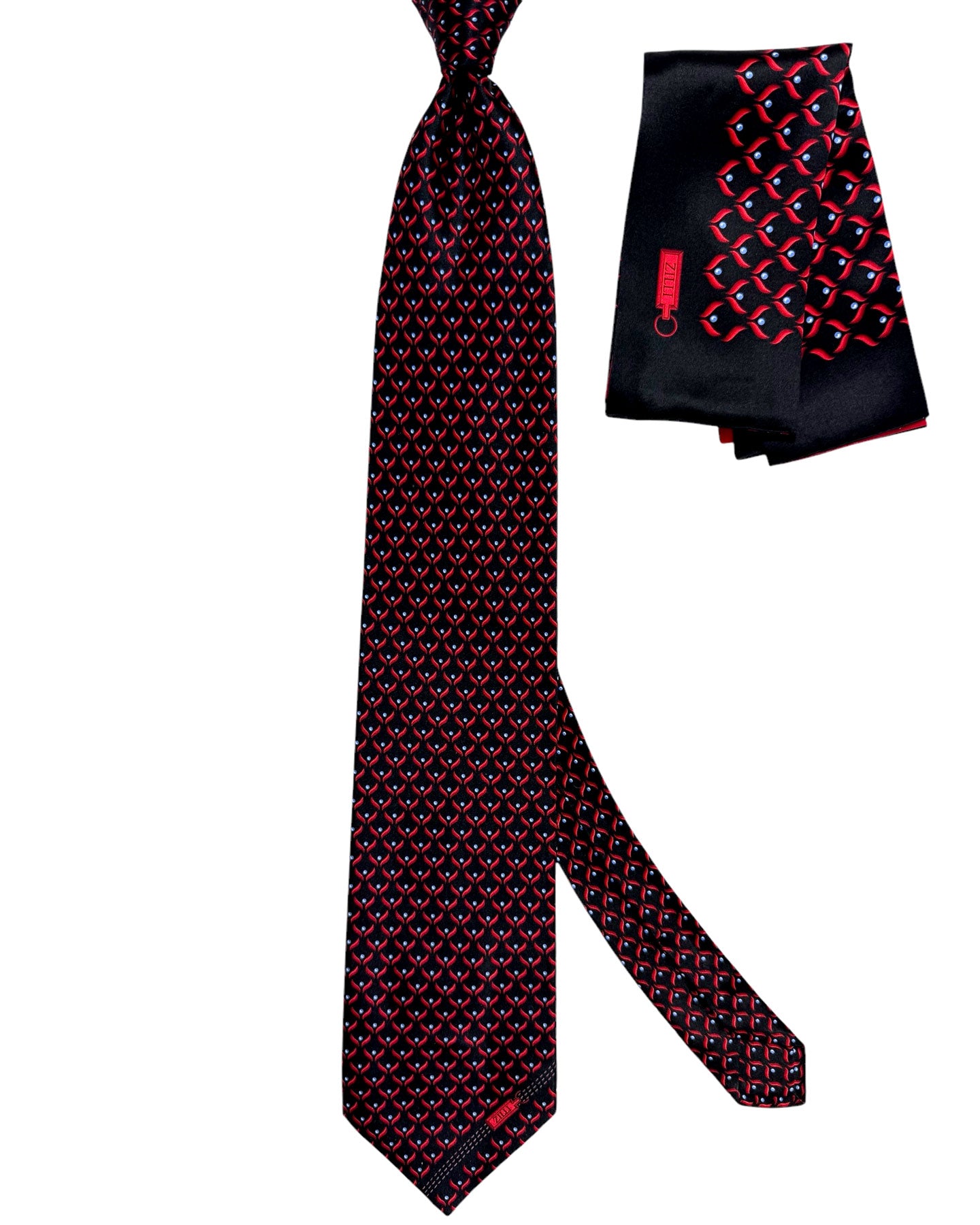 Zilli Tie & Matching Pocket Square Set Black Red Blue Geometric