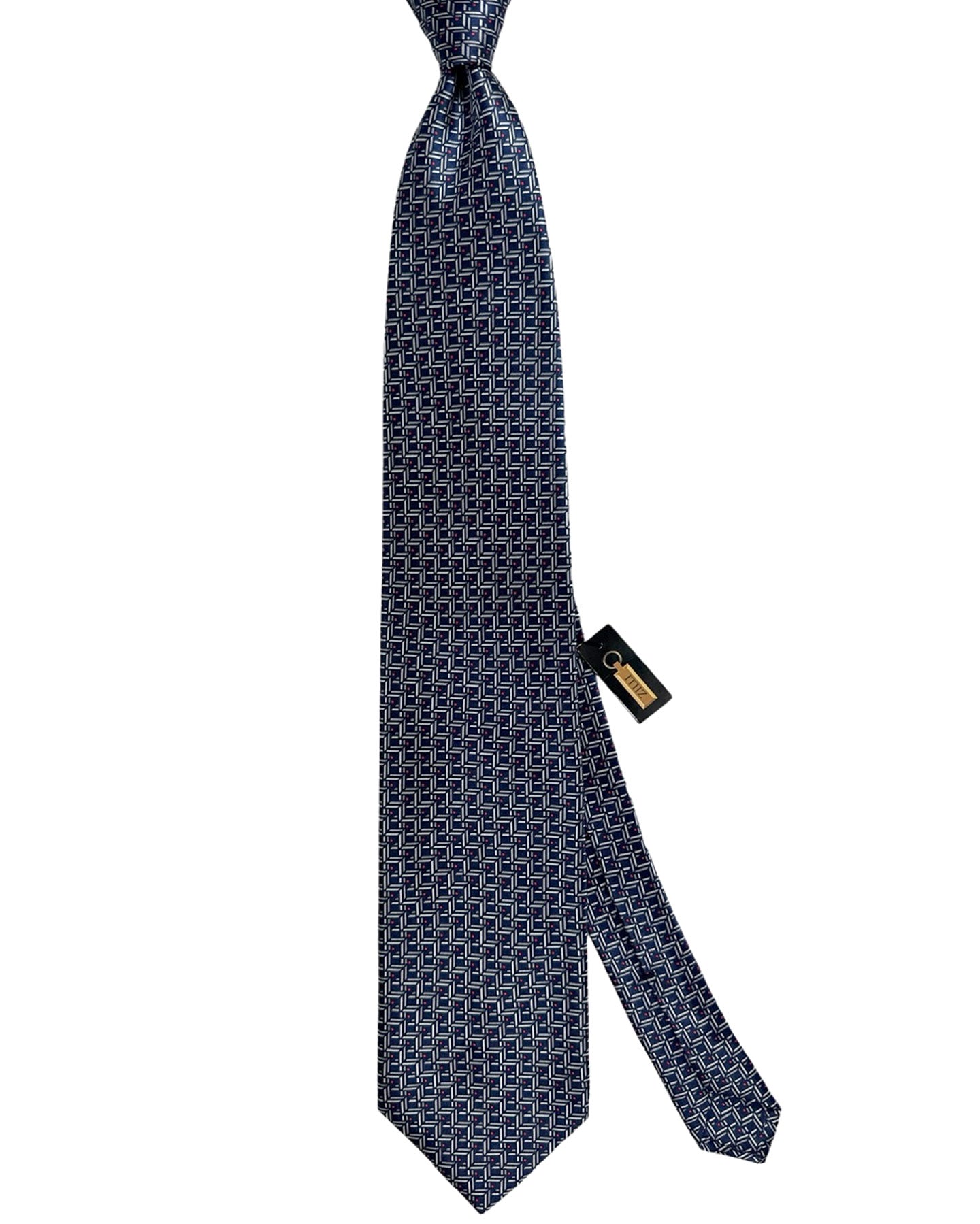 Zilli Silk Tie Navy Silver Red Micro Pattern - Wide Necktie