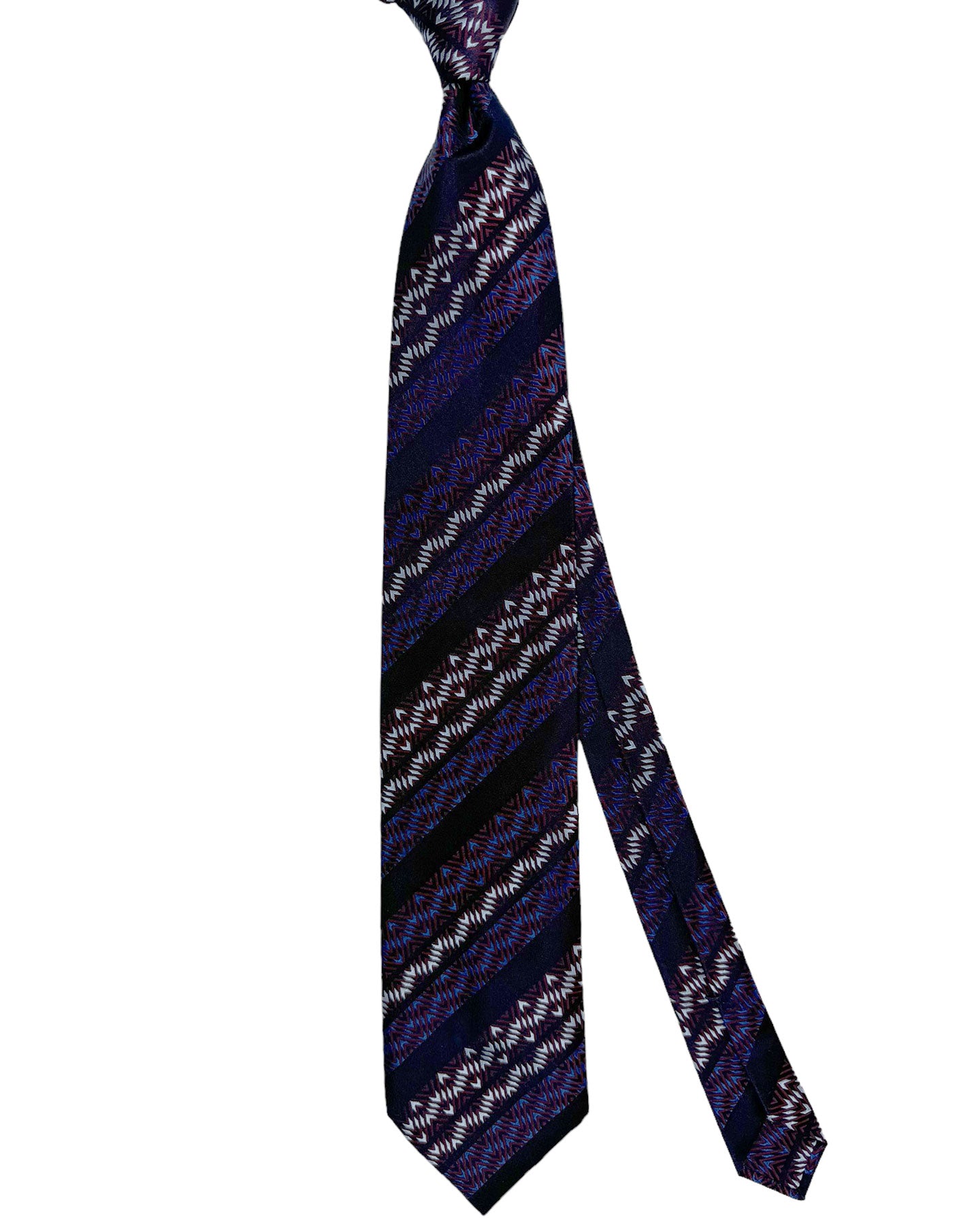 Zilli Silk Tie Brown Midnight Blue Stripes Zig Zag Design - Wide Necktie