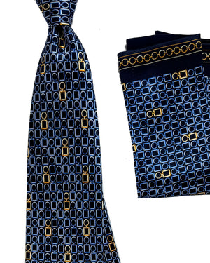 Zilli Tie & Matching Pocket Square Set Dark Blue Logo Tag