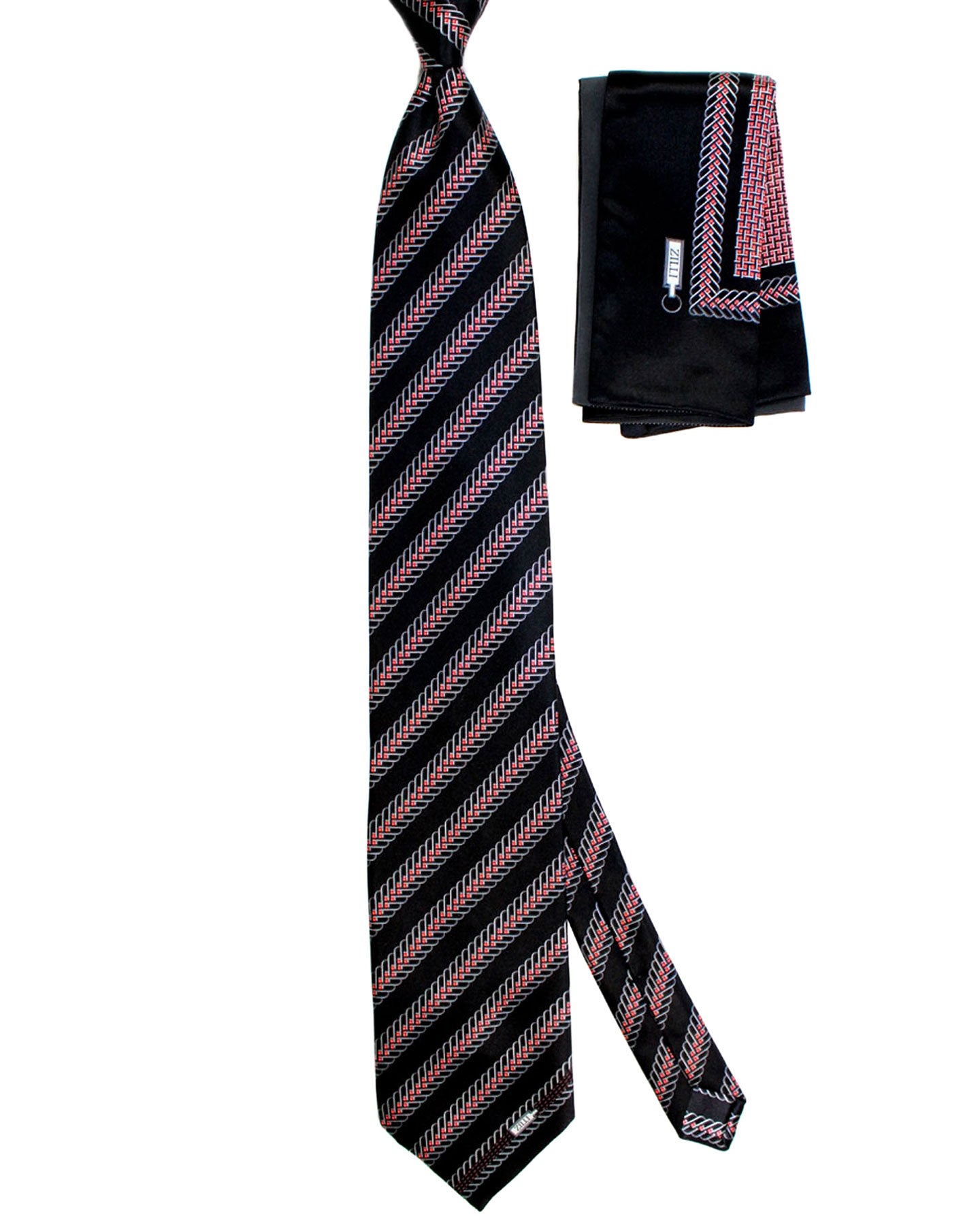 Zilli Tie & Matching Pocket Square Set Black Red Stripes