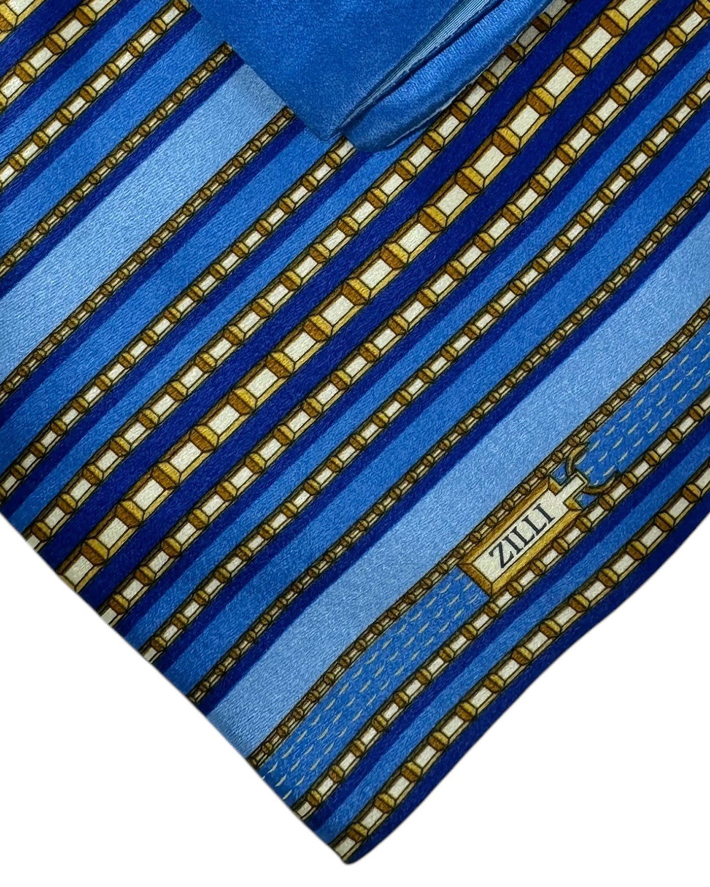 Zilli Extra Long Tie & Matching Pocket Square Set Blue Olive Gold Stripes