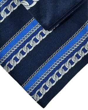 Zilli Extra Long Tie & Matching Pocket Square Set Dark Blue Gray Silver Chain Stripes