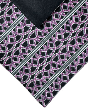 Zilli Extra Long Tie & Matching Pocket Square Set Black Silver Dust Pink Swirl & Stripes