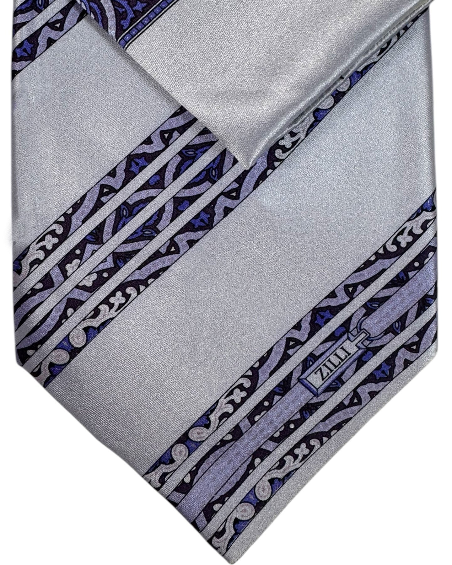 Zilli Extra Long Tie & Matching Pocket Square Set Gray Purple Design