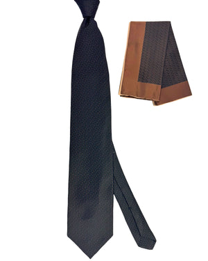 Zilli Silk Tie & Matching Pocket Square Set Brown Black Logo