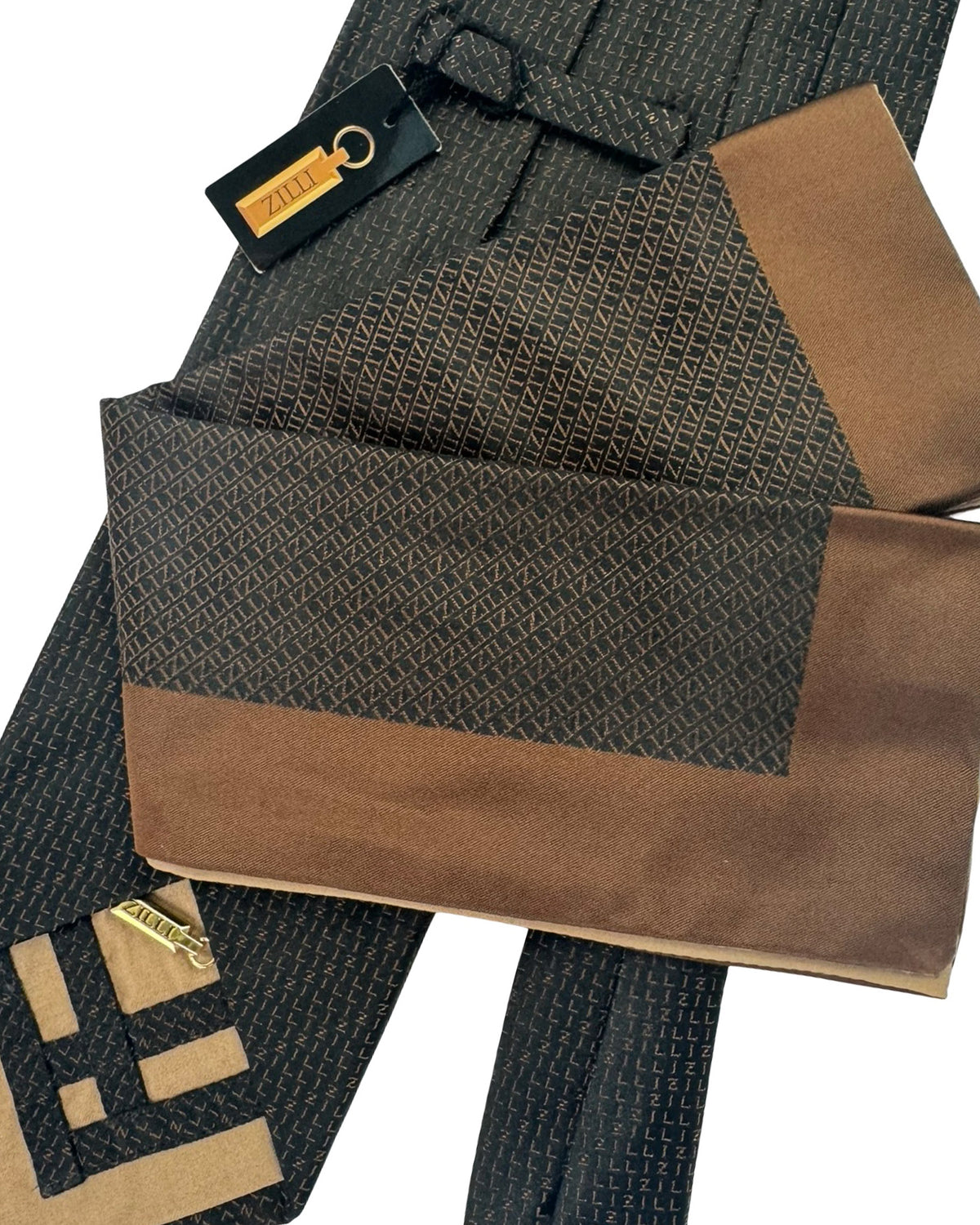 Zilli Silk Tie & Matching Pocket Square Set Brown Black Logo