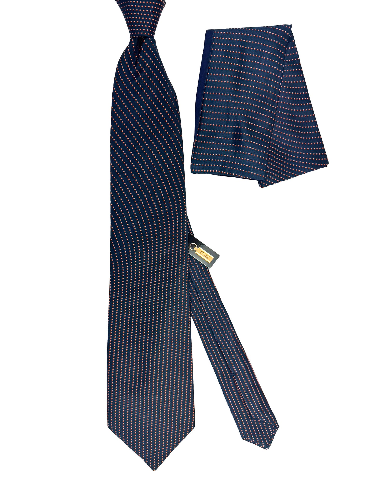 Zilli Silk Tie & Matching Pocket Square Set Midnight Blue Peach Micro Dots