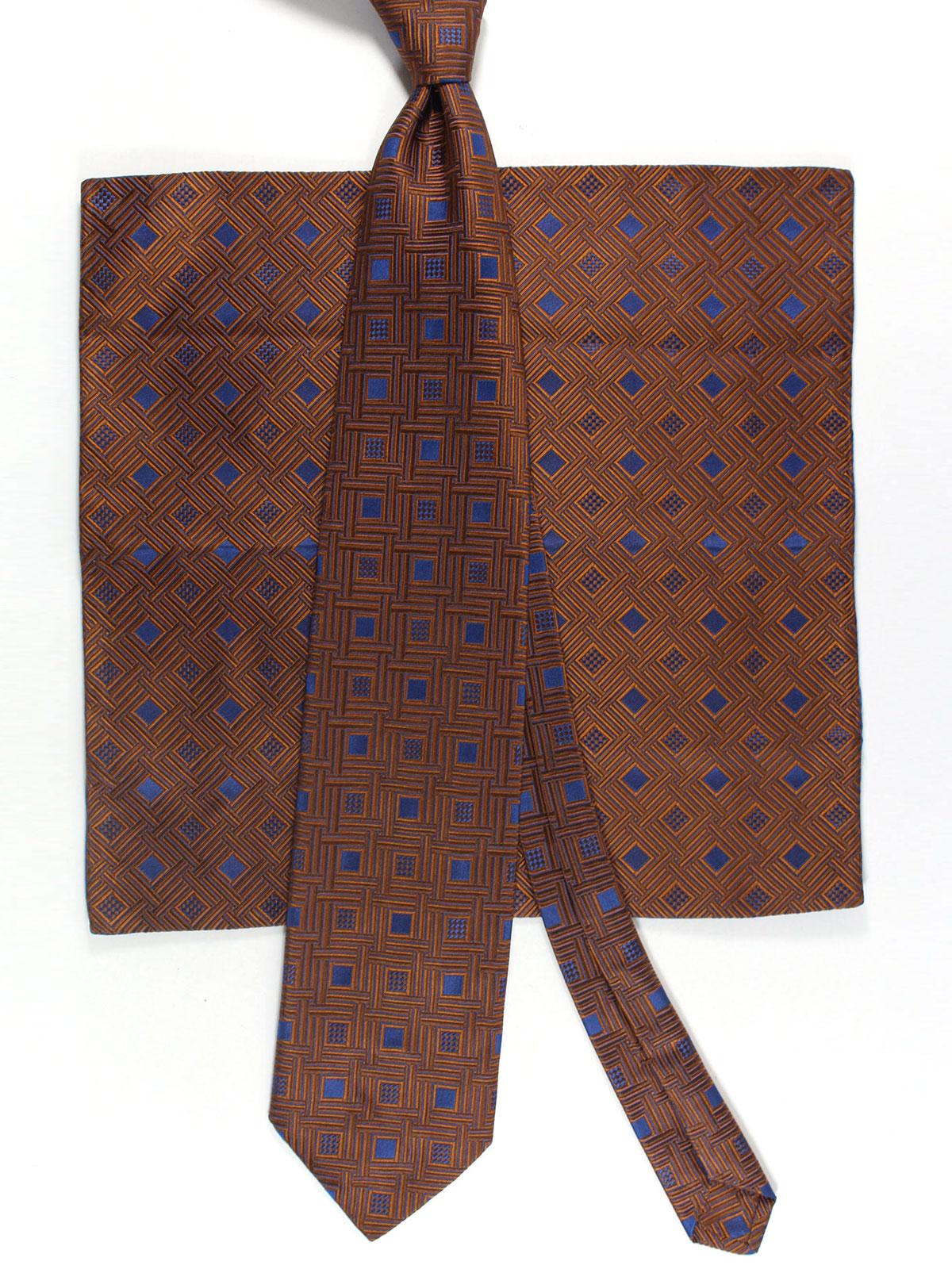 Zilli Tie & Matching Pocket Square Set Brown Midnight Blue Geometric