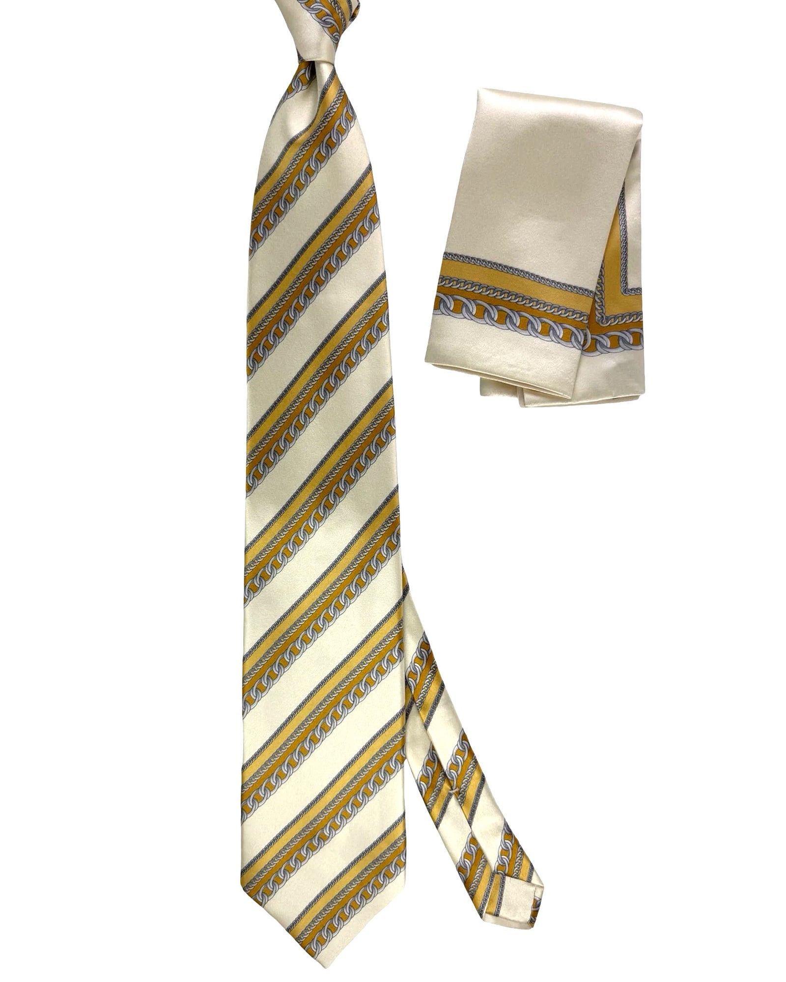 Zilli Tie & Matching Pocket Square Set Cream And Gold Chain Stripe