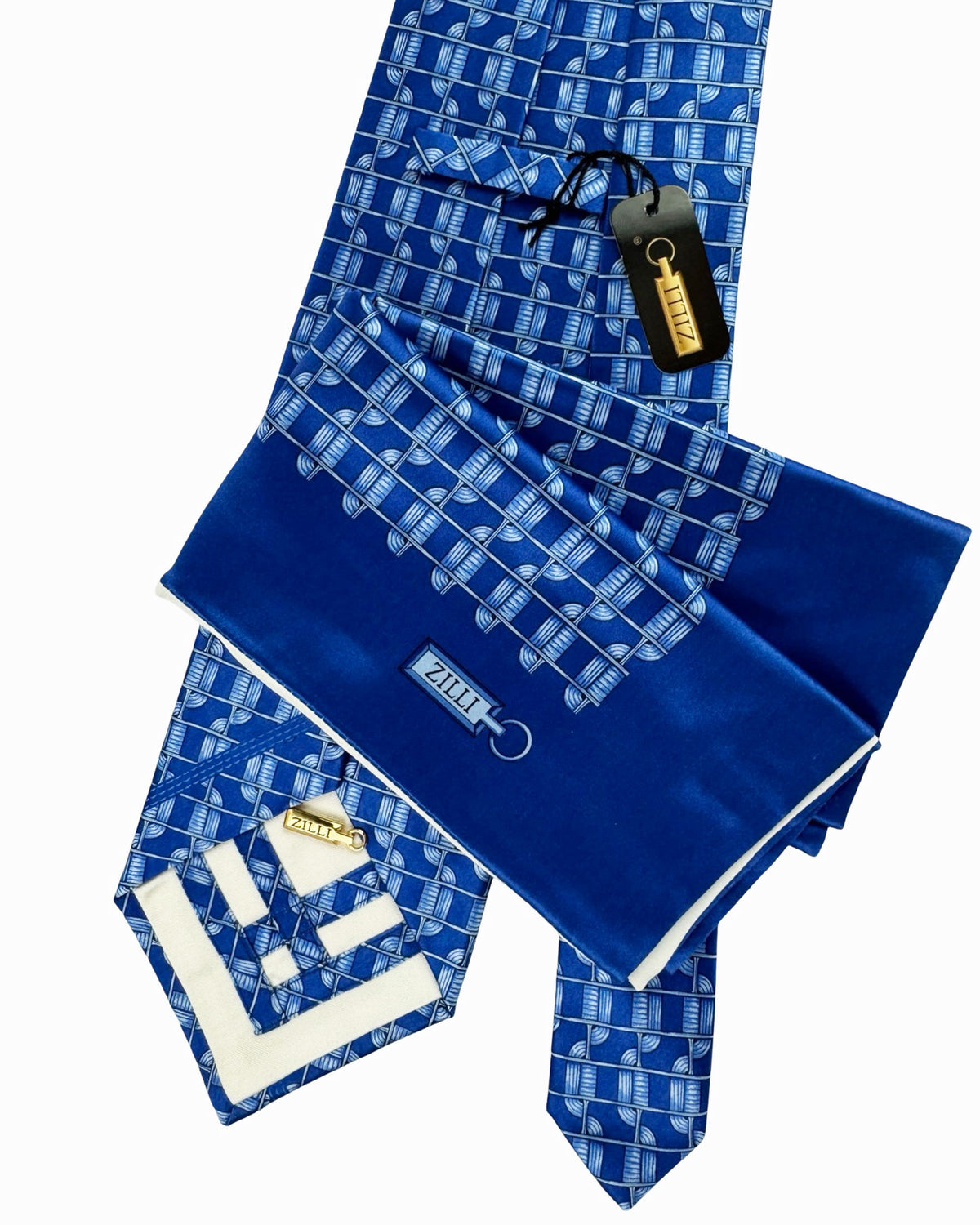 Zilli Silk Tie & Matching Pocket Square Set Blue Design