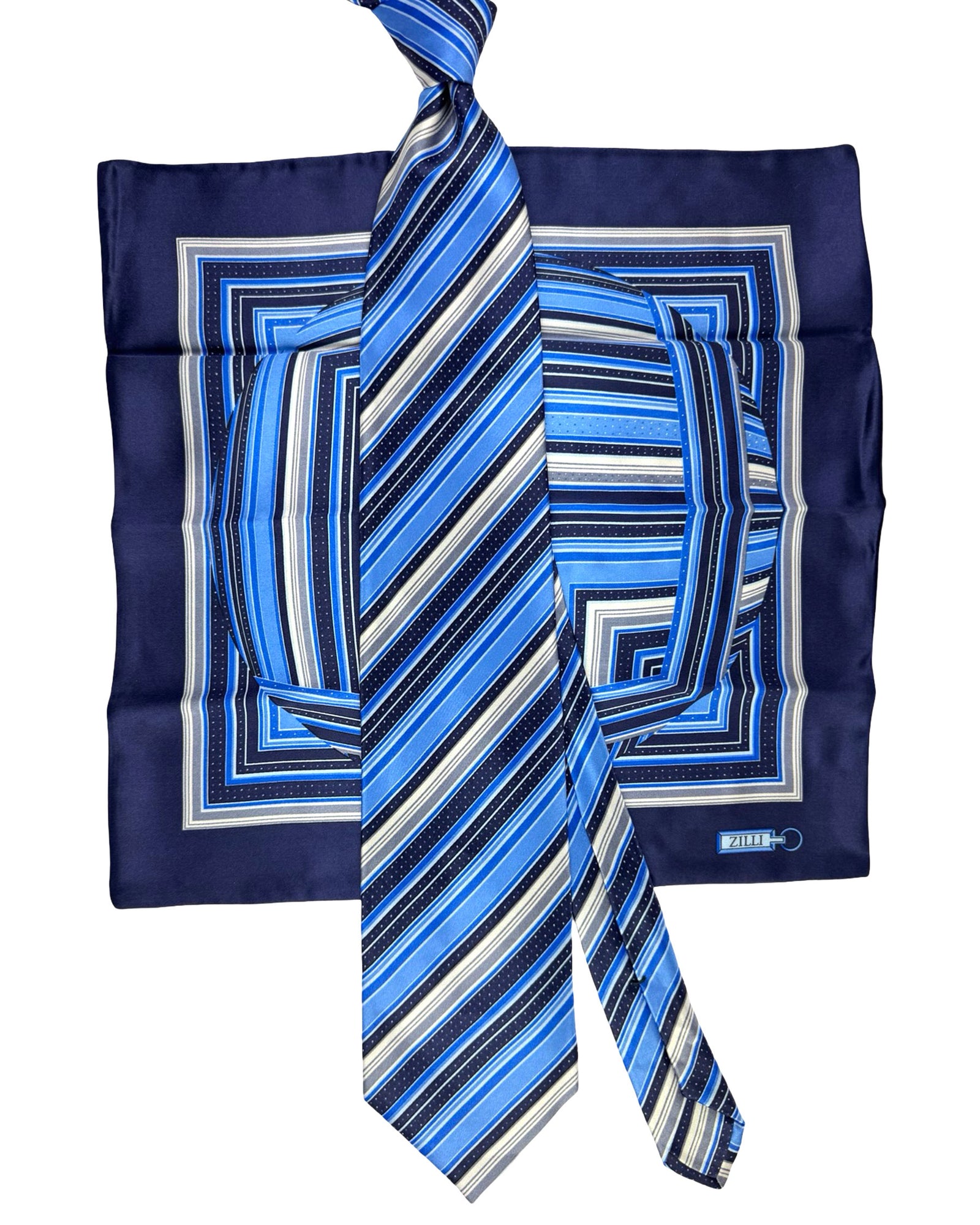 Zilli Silk Tie & Matching Pocket Square Set Blue Gray Stripes