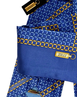 Zilli Tie & Matching Pocket Square Set Blue Orange-Gold Design