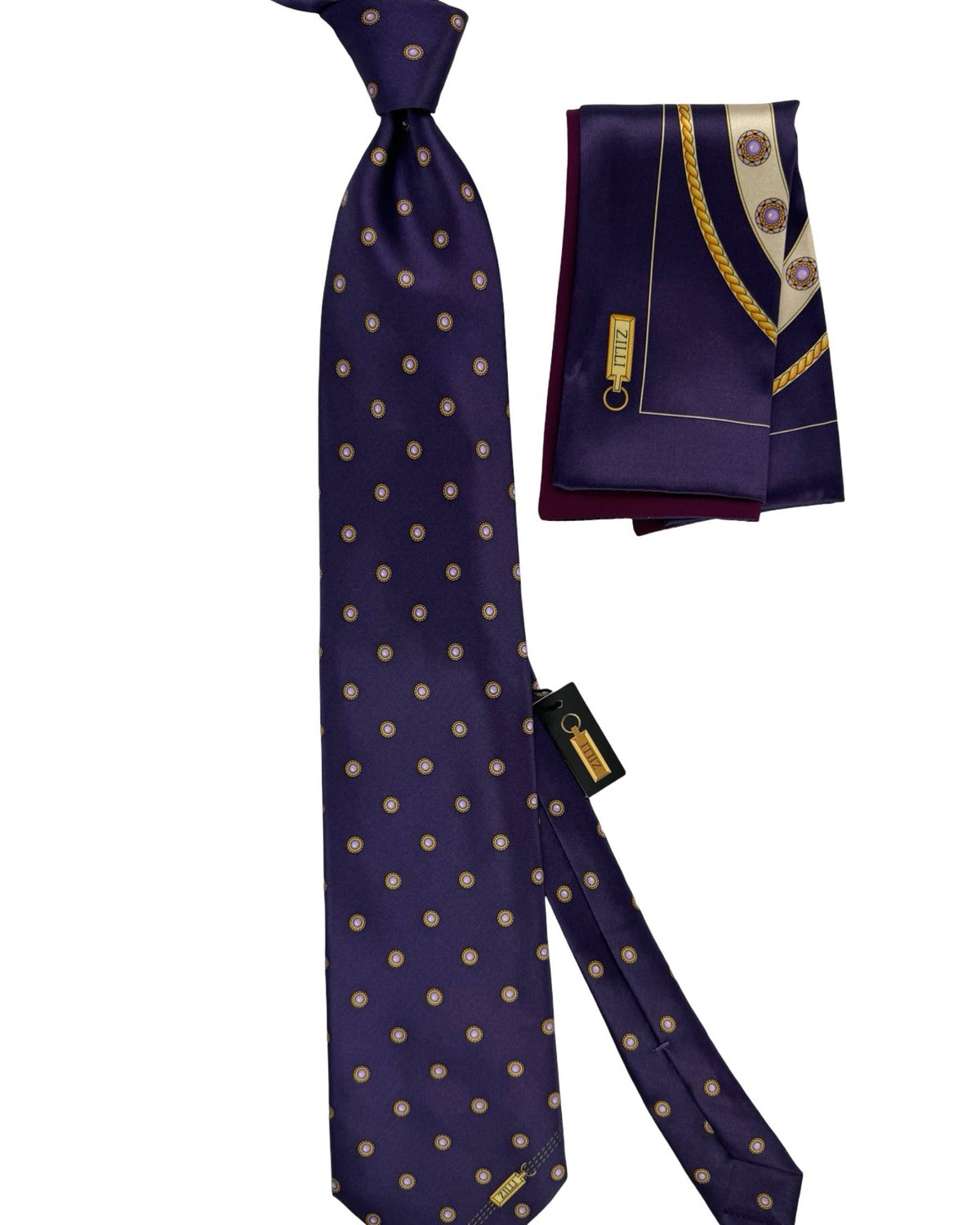 Zilli Silk Tie & Matching Pocket Square Set Aubergine Purple Gold Design