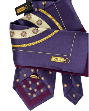 Zilli Silk Tie & Matching Pocket Square Set Aubergine Purple Gold Design