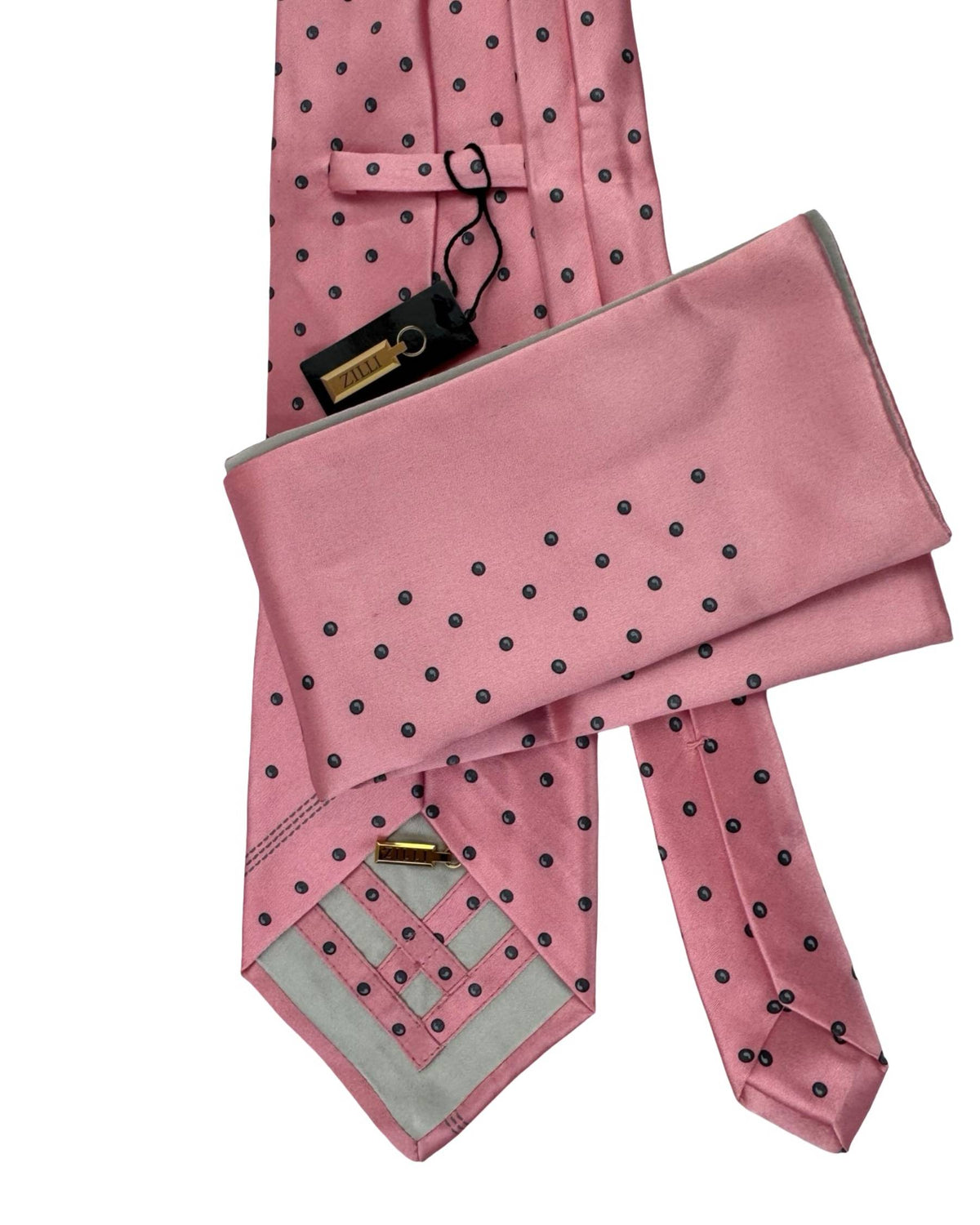 Zilli Silk Tie & Matching Pocket Square Set Pink with Grey Dots