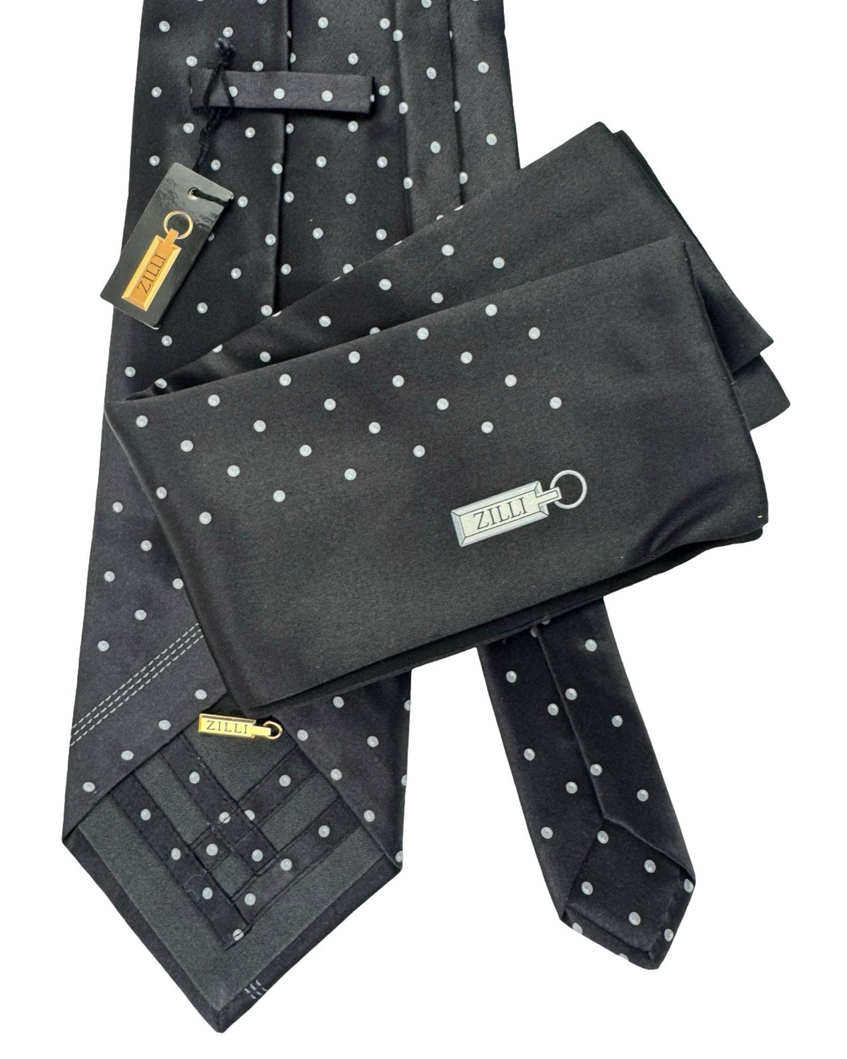 Zilli Silk Tie & Matching Pocket Square Set Black with Grey Dots