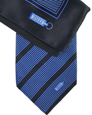 Zilli Silk Tie & Matching Pocket Square Set Midnight Blue Black Stripes