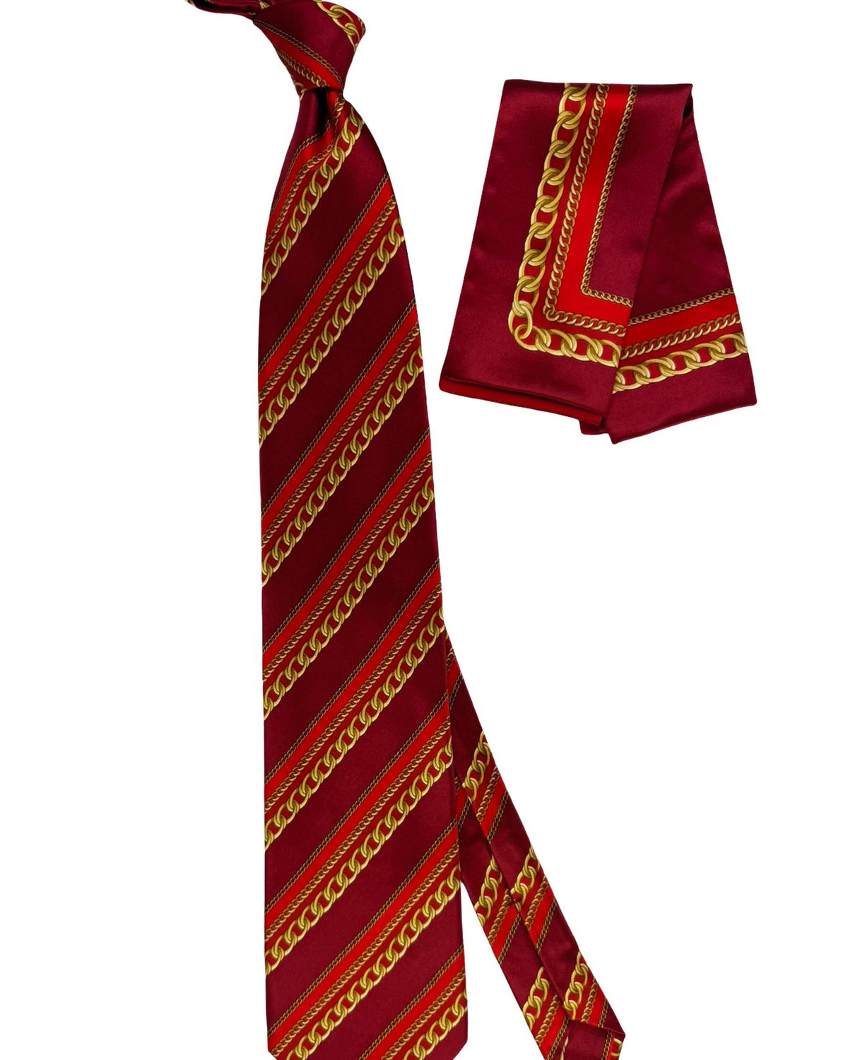 Zilli Silk Tie & Matching Pocket Square Set Bordeaux Red Gold Chain Design