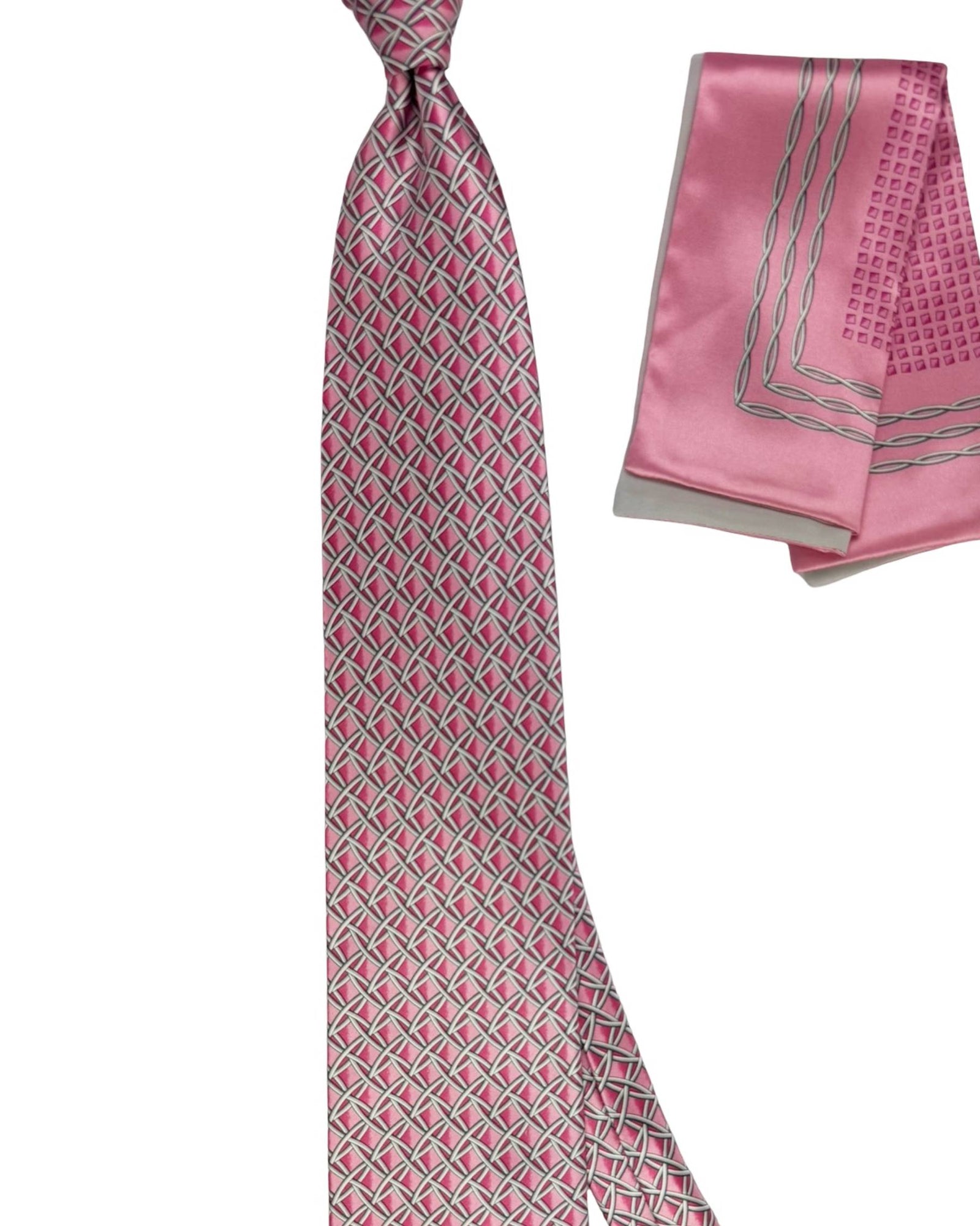 Zilli Silk Tie & Matching Pocket Square Set Pink Silver Lattice Pattern