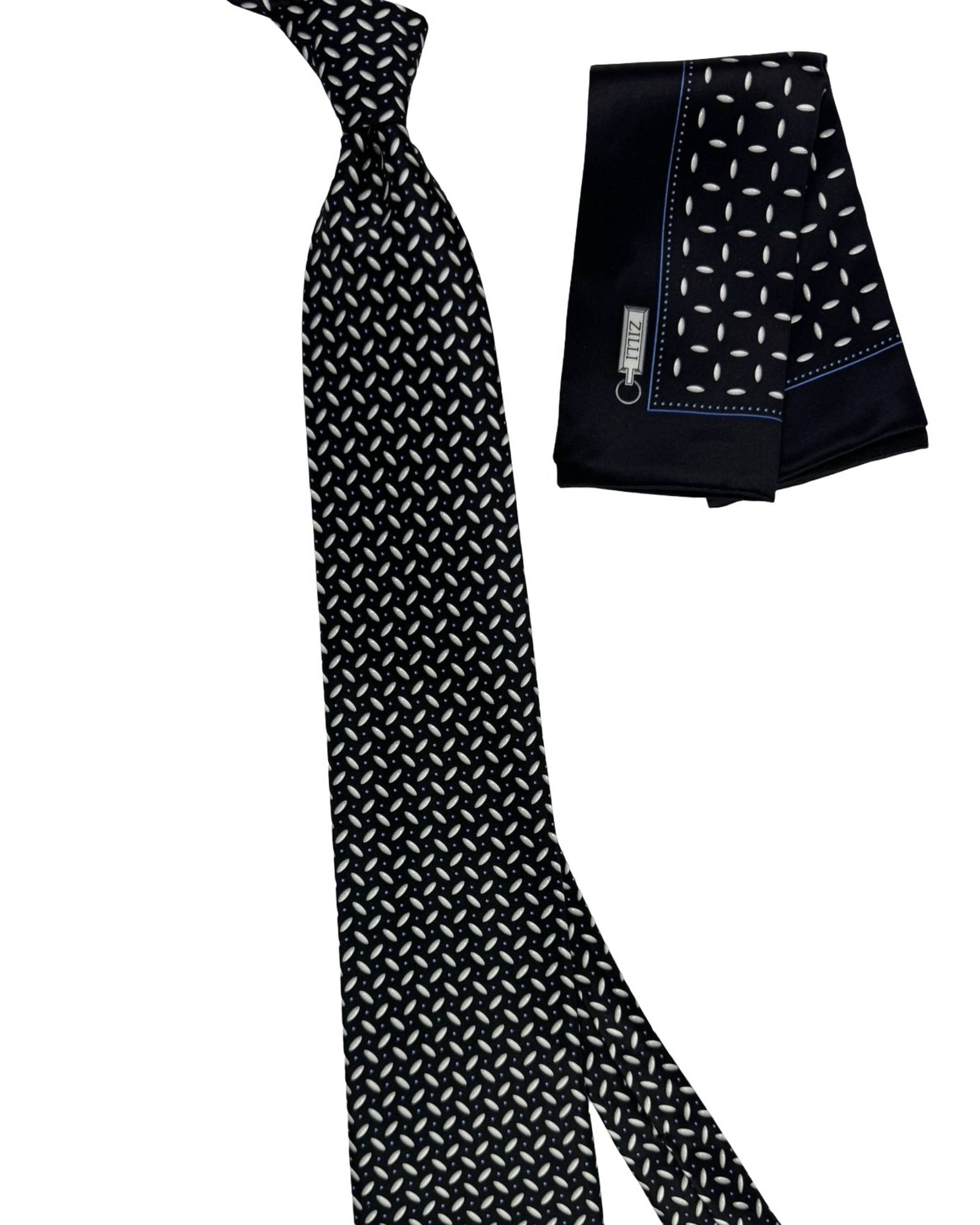 Zilli Silk Tie & Matching Pocket Square Set Black Silver Geometric