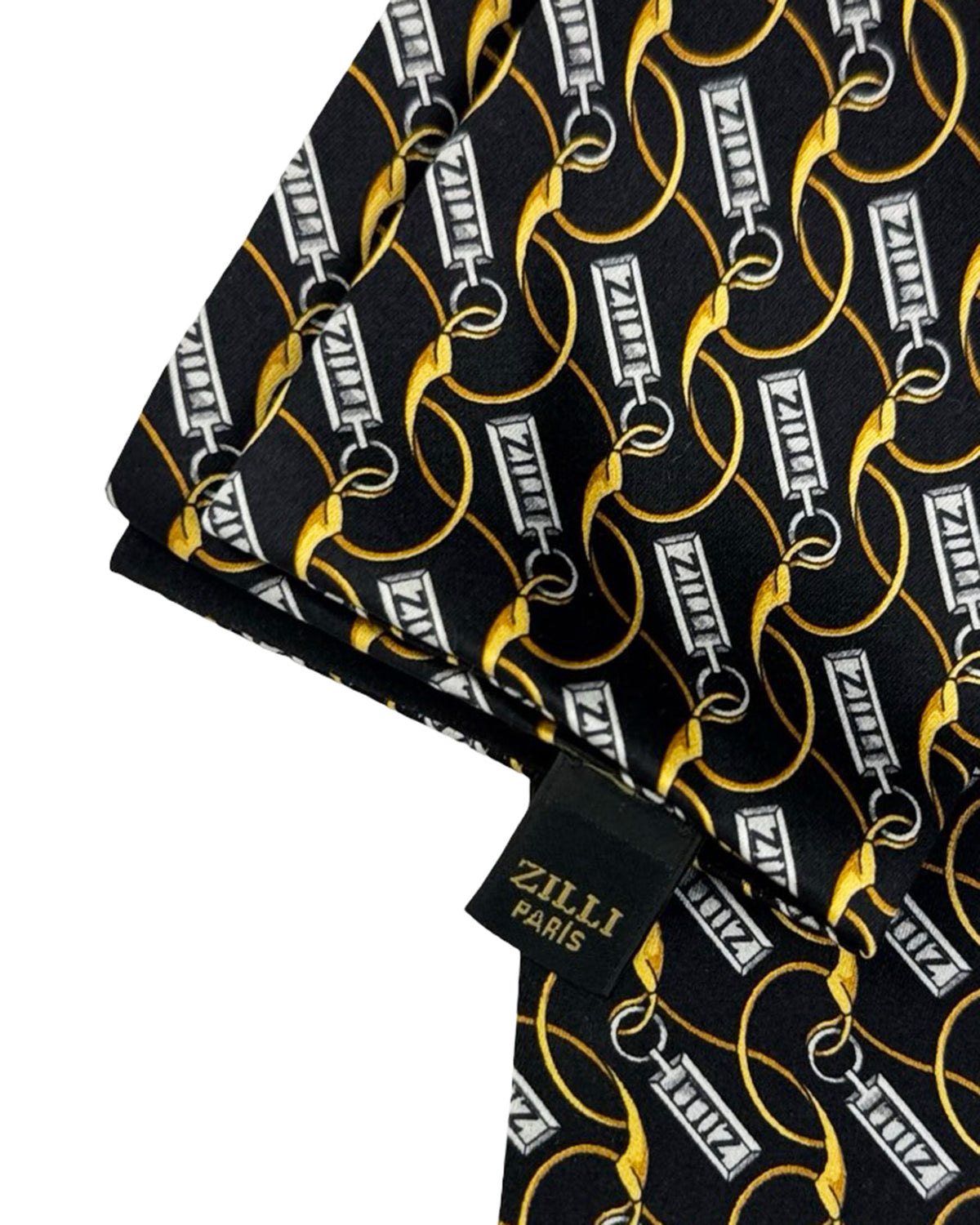 Zilli Silk Pocket Square Black Silver Gold Logo Tag