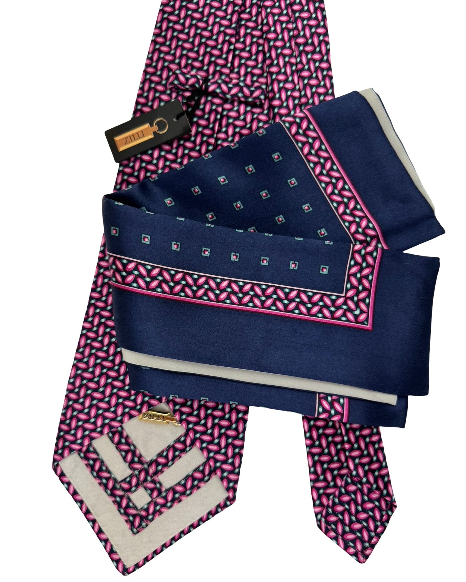Zilli Silk Tie & Matching Pocket Square Set Midnight Blue Pink Grey Micro Geometric Pattern