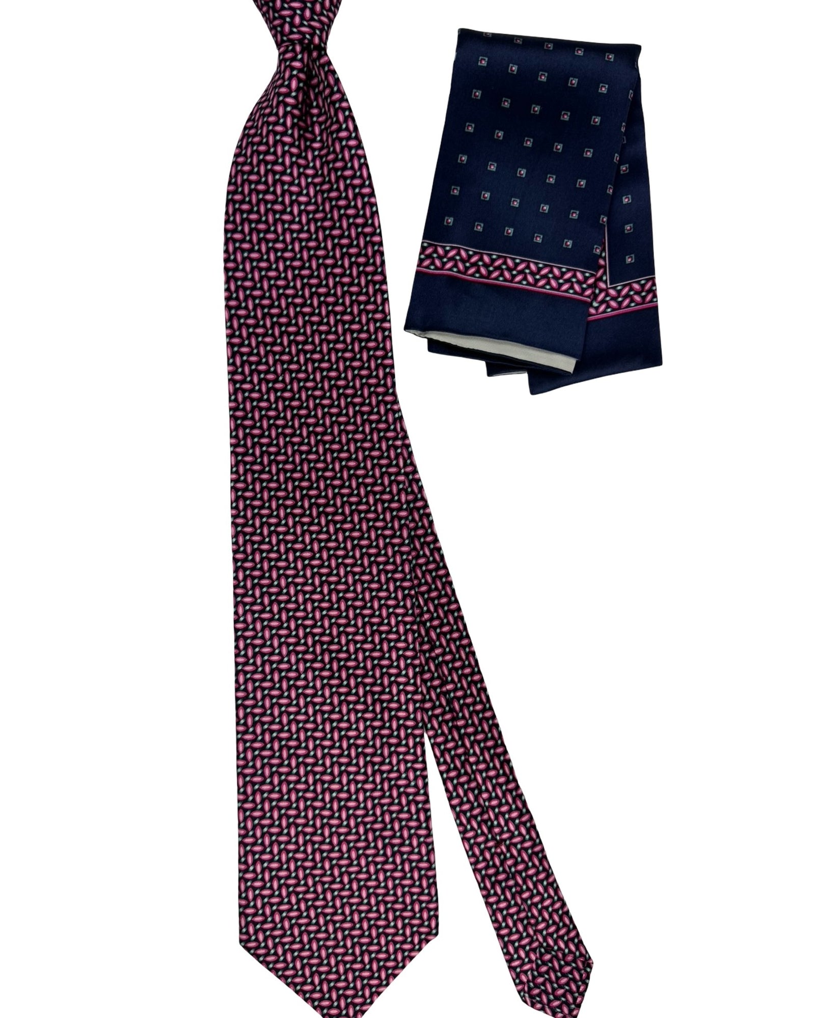 Zilli Silk Tie & Matching Pocket Square Set Midnight Blue Pink Grey Micro Geometric Pattern