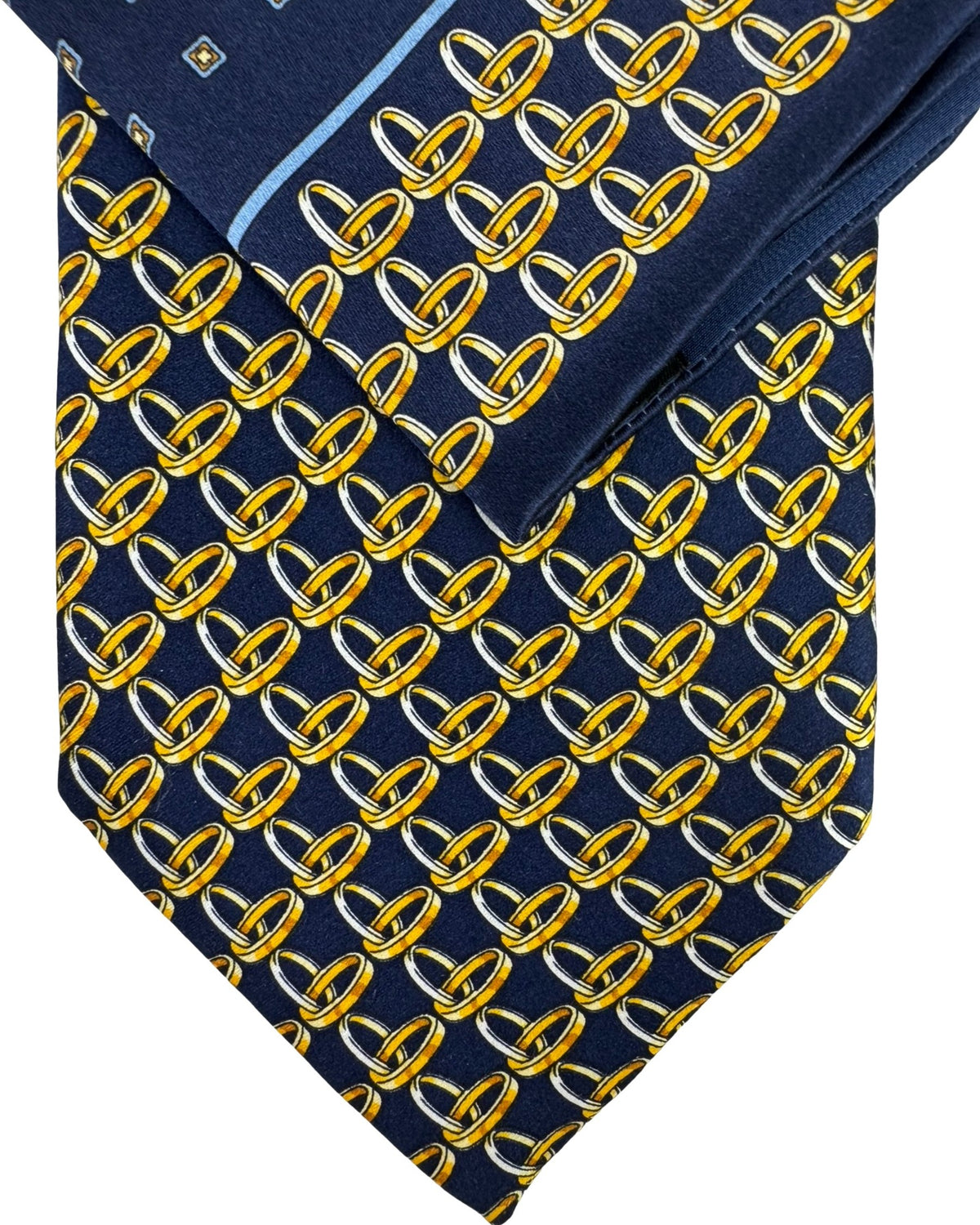 Zilli Silk Tie & Matching Pocket Square Set Midnight Blue Gold Interlocking Rings