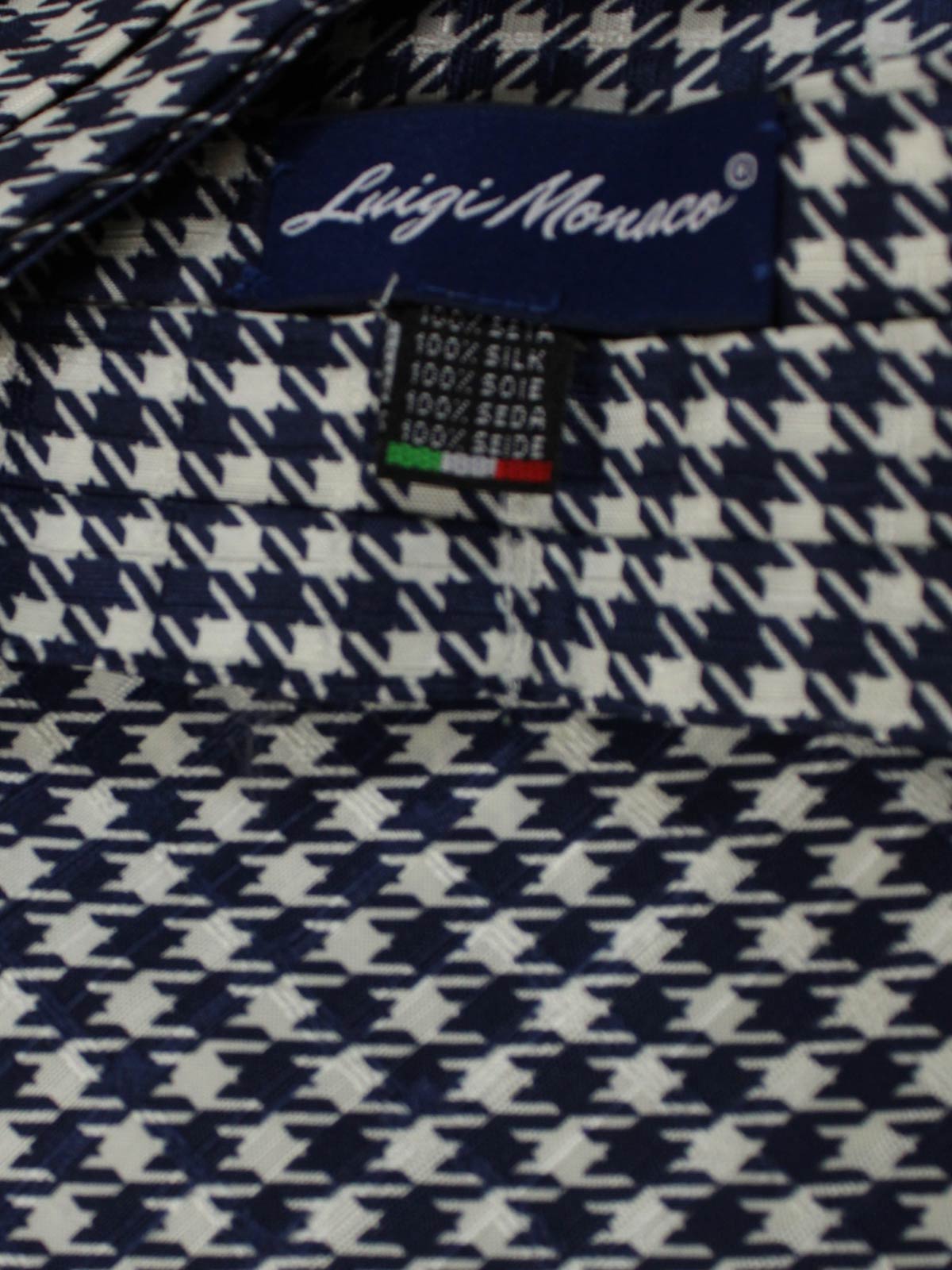 Luigi Monaco Silk Ascot Tie Navy White-Silver Houndstooth - Hand Made in Italy