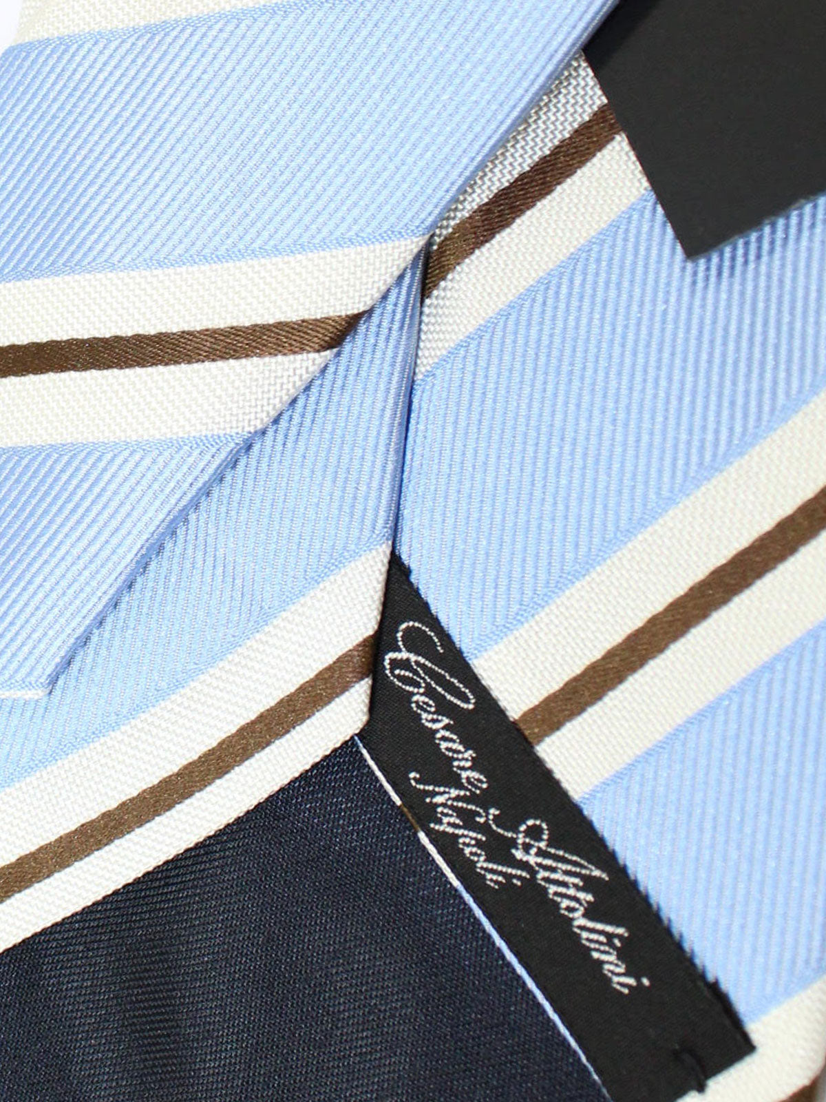 Cesare Attolini Tie Sky Blue Silver Brown Stripes