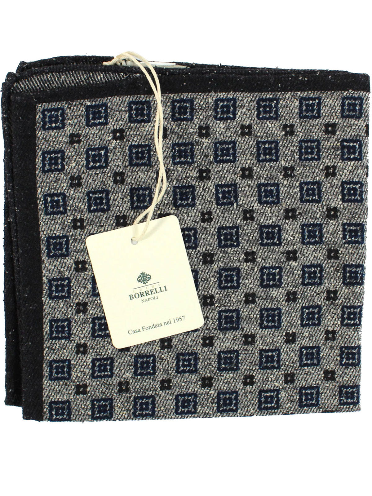 Luigi Borrelli Wool Cashmere Pocket Square Gray Navy Geometric Design