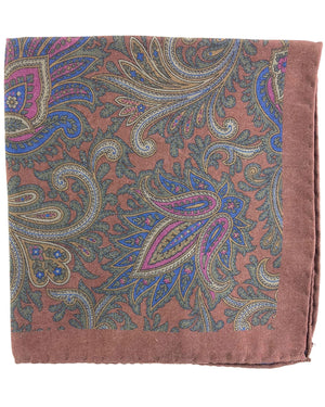 Luigi Borrelli Silk Pocket Square Brown Olive Paisley