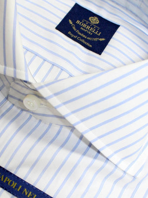 Luigi Borrelli Dress Shirt ROYAL COLLECTION White Blue Quadruple Stripes 38 -15 SALE