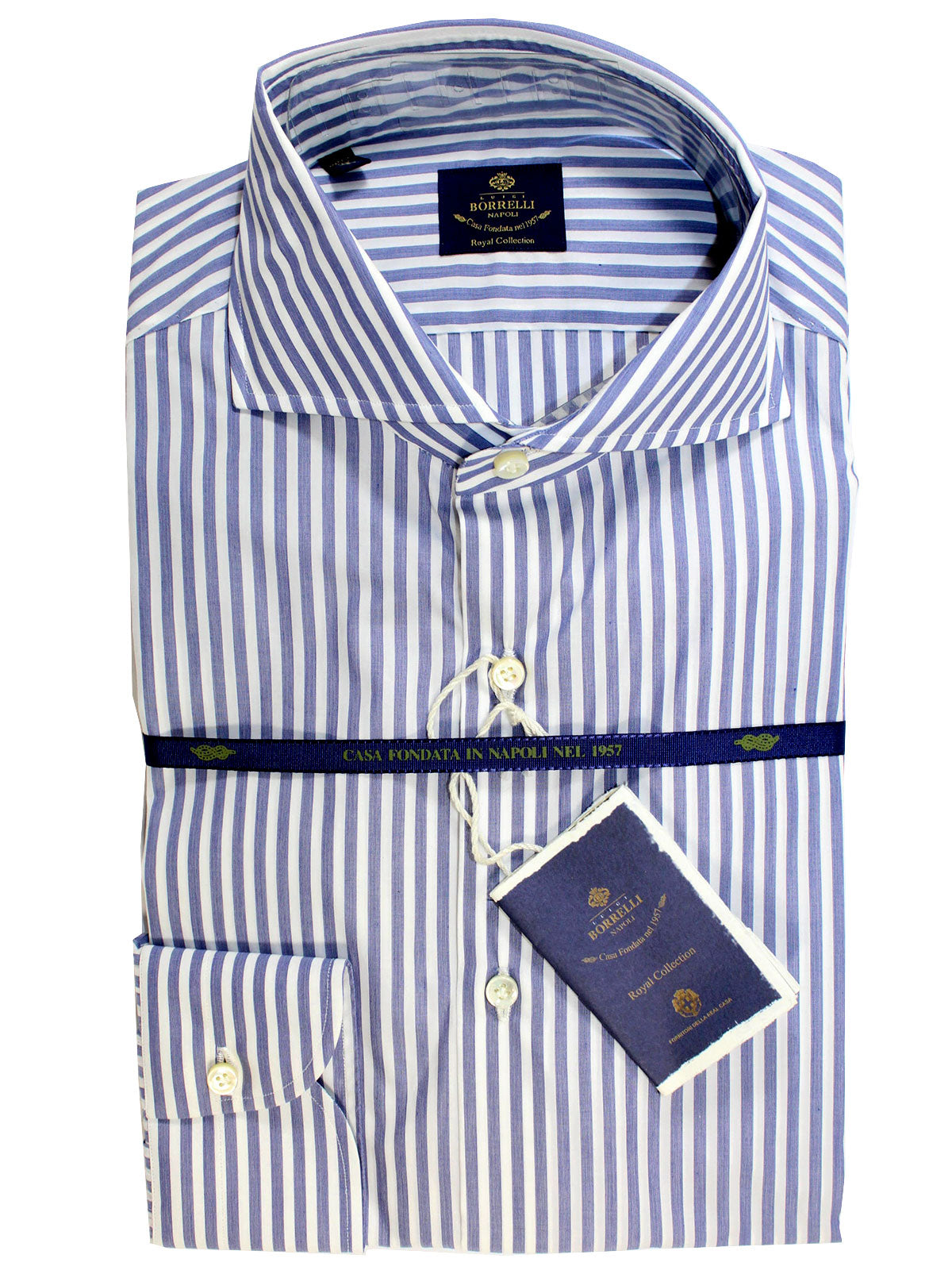 Luigi Borrelli Dress Shirt ROYAL COLLECTION White Blue Stripes 38 - 15 Luigi Borrelli Dress Shirt ROYAL COLLECTION White Blue Stripes 38 - 15