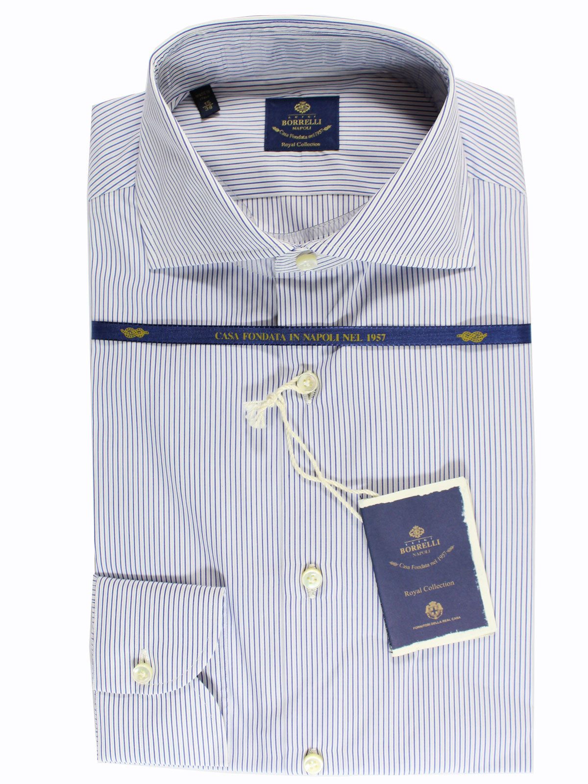 Borrelli Dress Shirt White Navy Stripes - Royal Collection 
