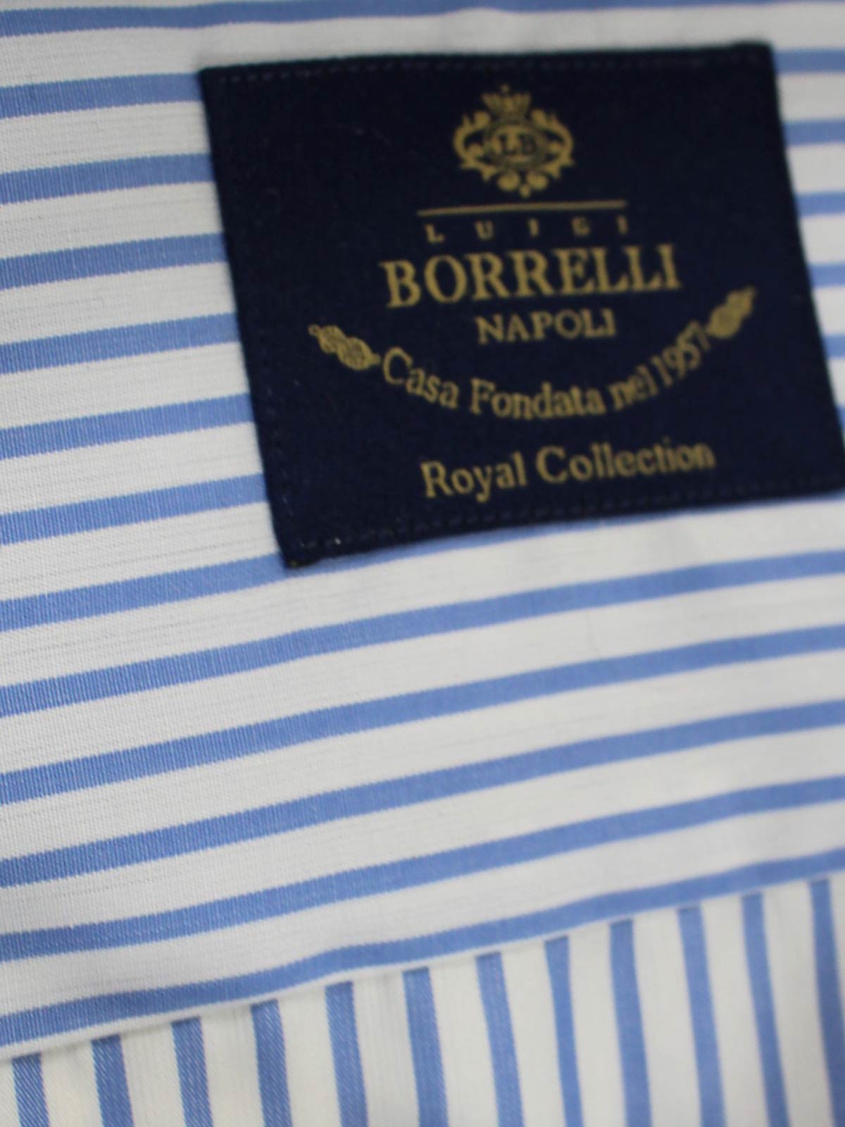 Luigi Borrelli Dress Shirt White Navy Stripes 44 - 17 1/2 ROYAL COLLECTION