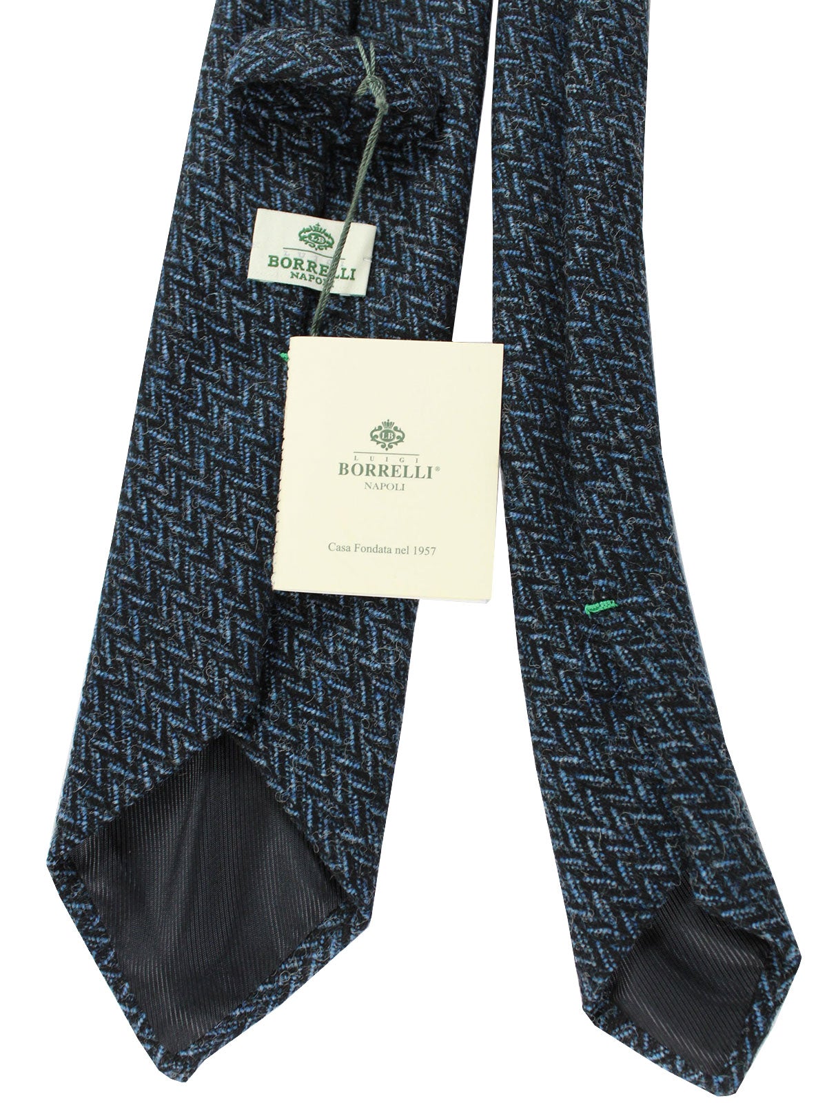 Luigi Borrelli Necktie Midnight Blue Gray Black Herringbone - Wool