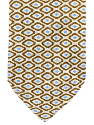 Luigi Borrelli Tie White Brown Blue Geometric Unlined Linen - Narrow Necktie