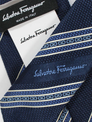 Salvatore Ferragamo Tie Navy Gancini Stripes - Narrow Necktie SALE