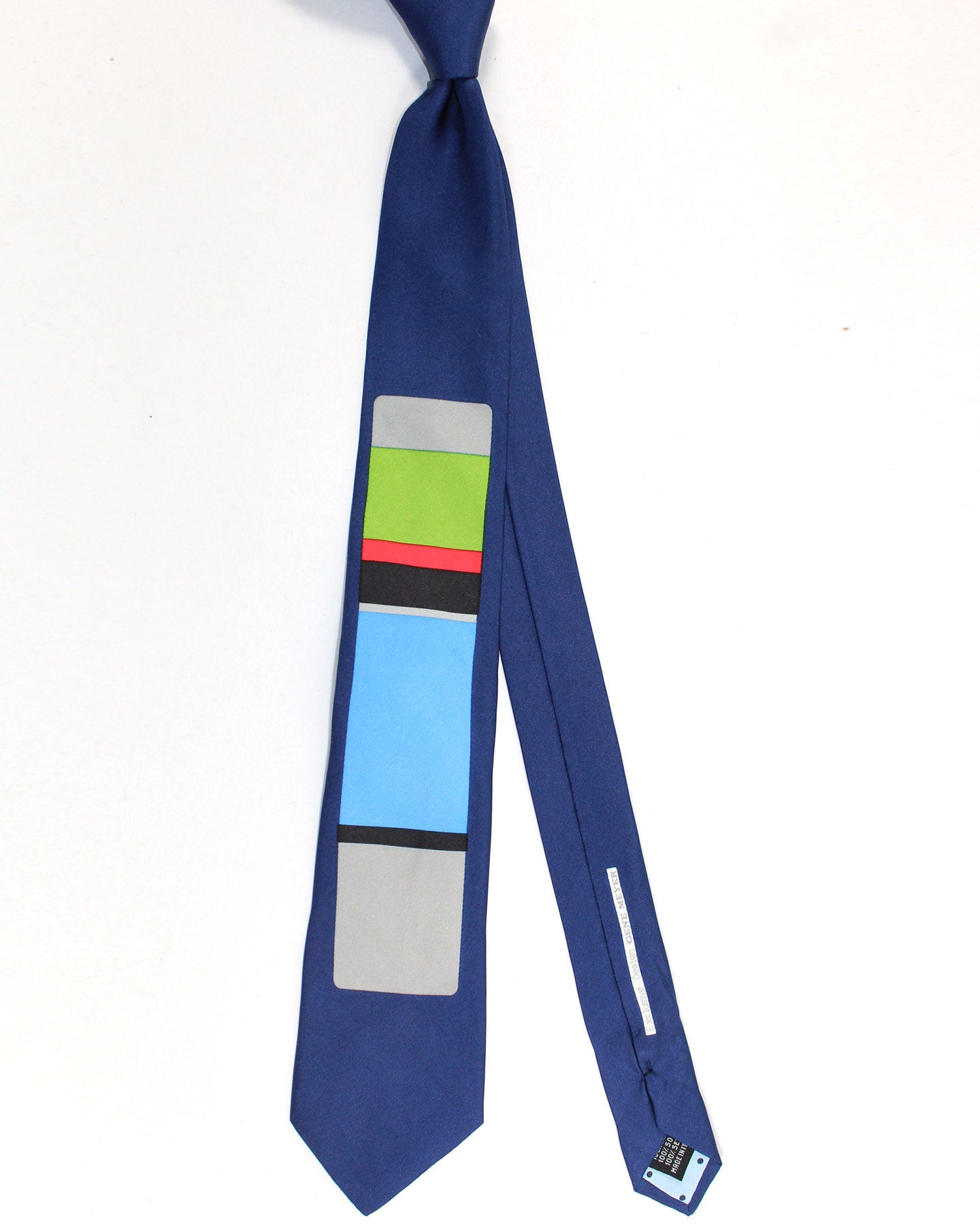 Gene Meyer Tie Dark Blue Green Red Geometric Design - Hand Made in Italy