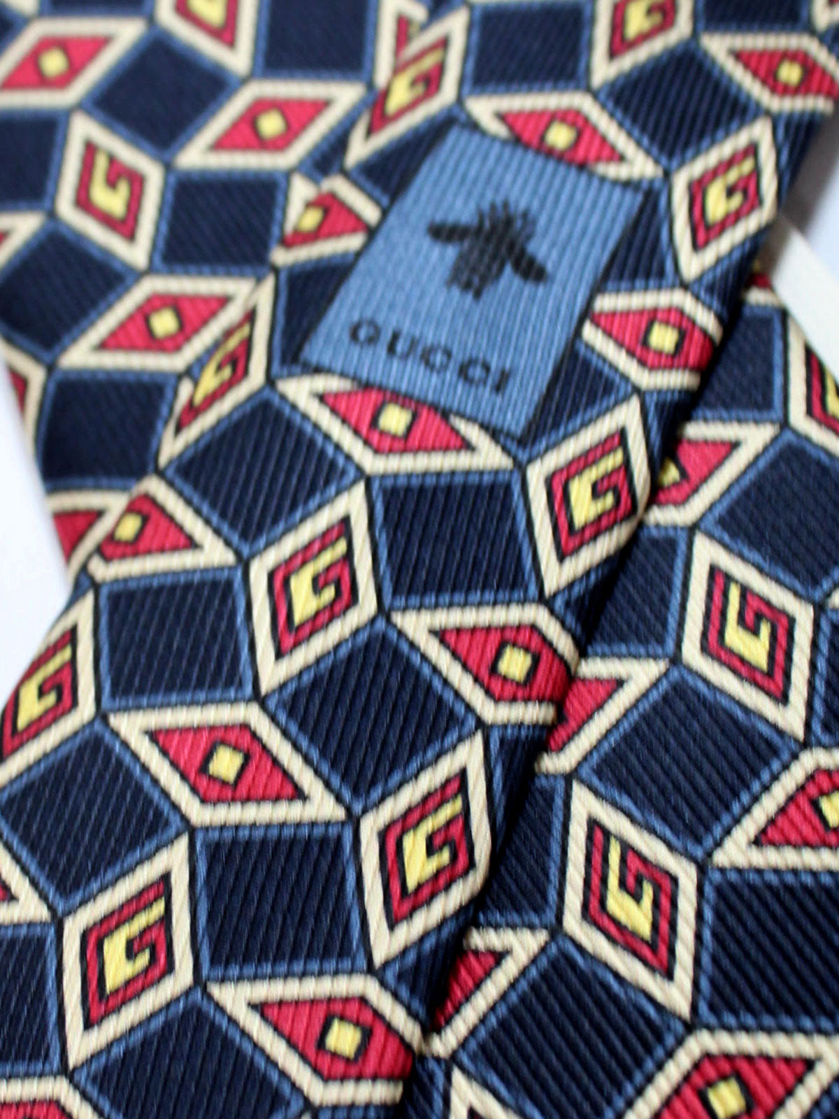 Gucci Silk Tie Navy Maroon Geometric Design - Narrow Necktie