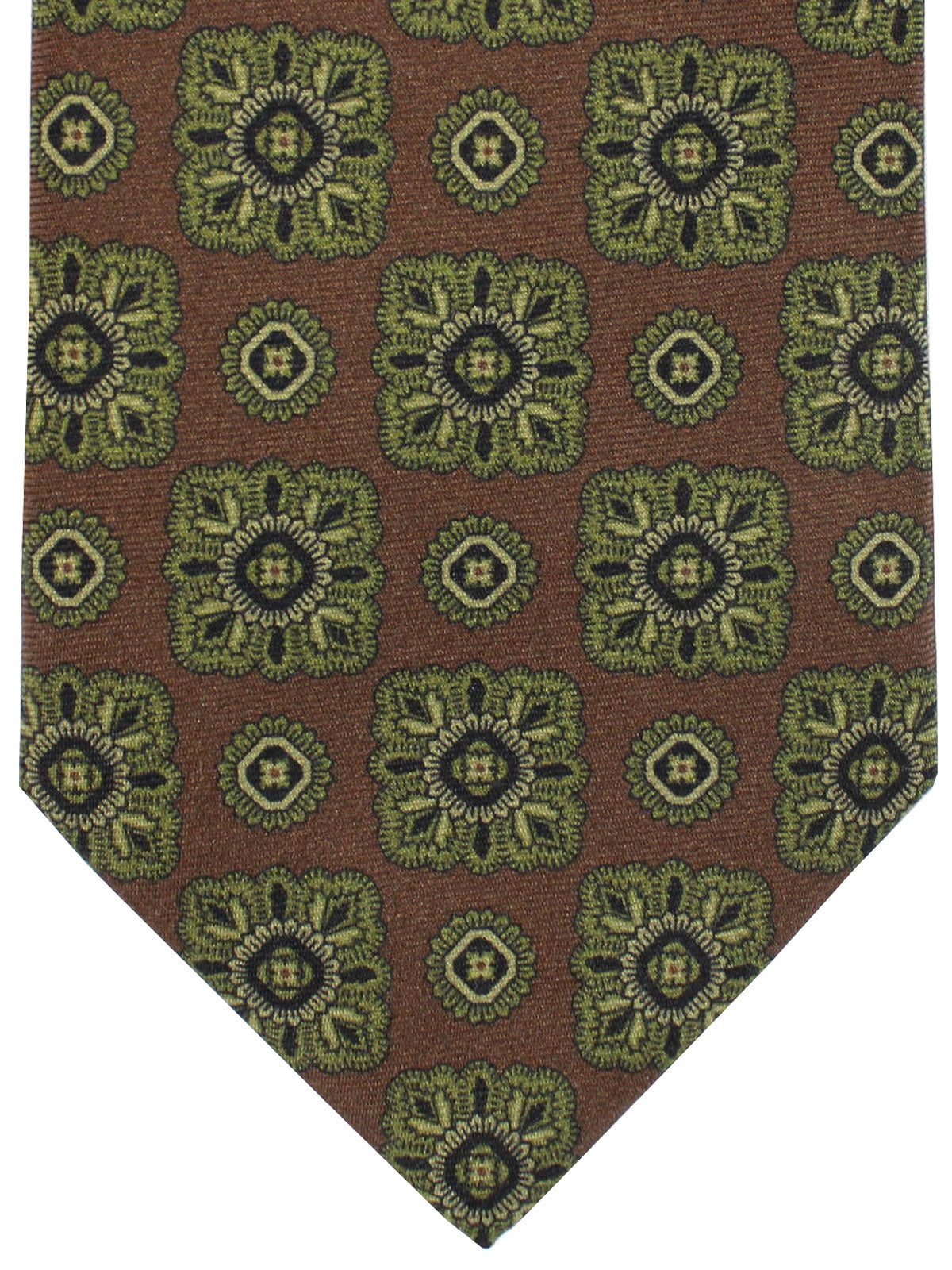 Isaia Tie Brown Forest Green Medallions Design Silk