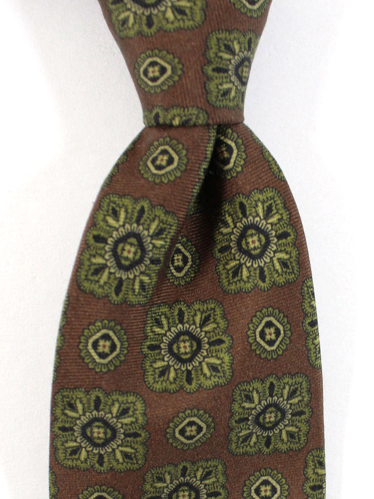 Isaia Tie Brown Forest Green Medallions Design Silk