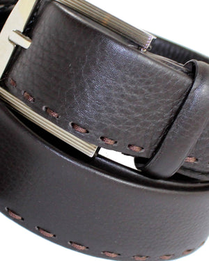 Kiton Leather Belt Dark Brown Stitch 