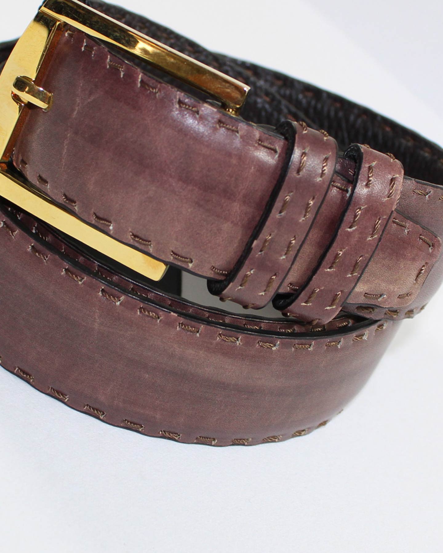 Kiton Leather Belt Brown Stitch Hand Dyed