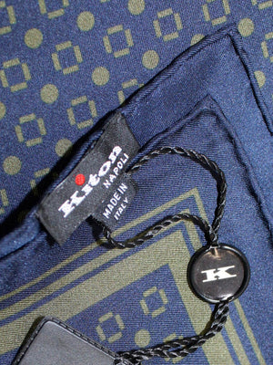Kiton Silk Pocket Square Navy Olive Geometric SALE